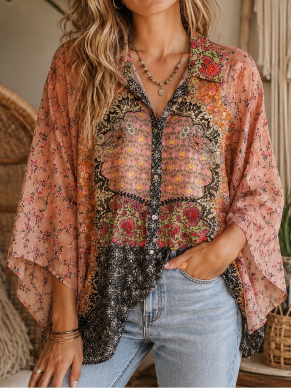 NATURAL LIFE Pink Multi-Print Button-Front Tunic One Size Poncho Lightweight EUC